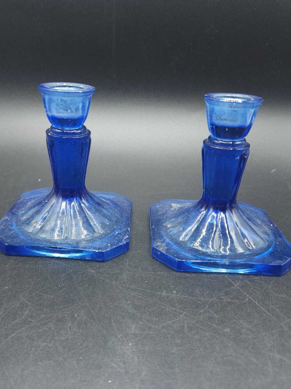 Vintage Blue Glass Candle Stick Holders with Square Base